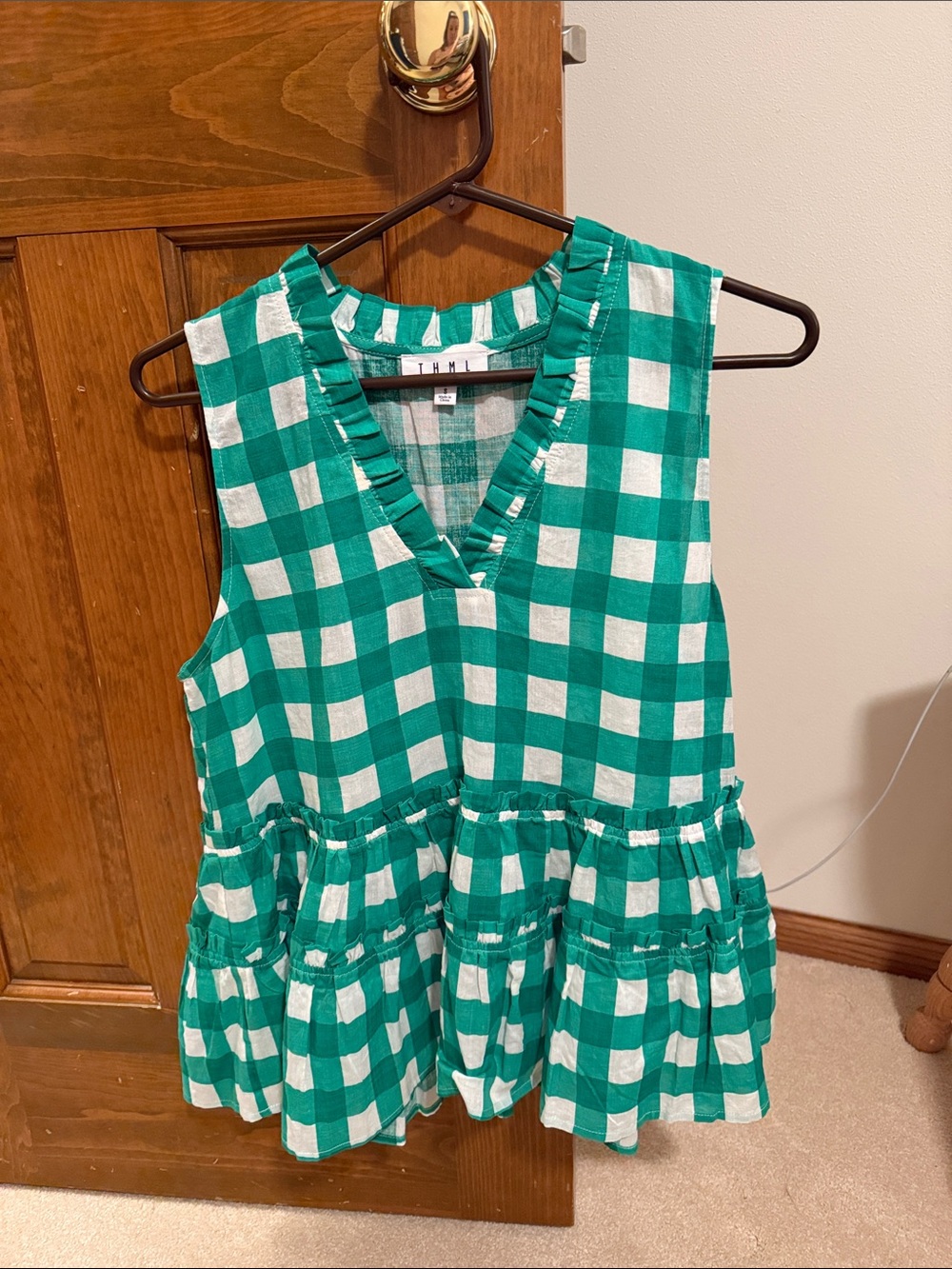 THML Green and White Fairview Gingham Ruffle V-Neck Top